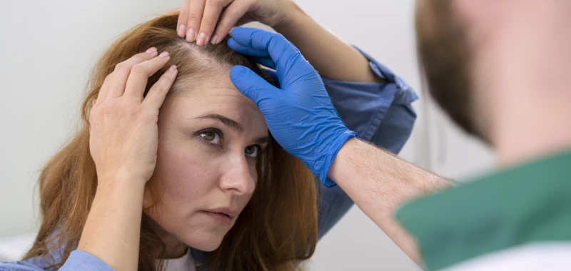 <br />
Mujer en una clínica de tratamiento para la caída del cabello