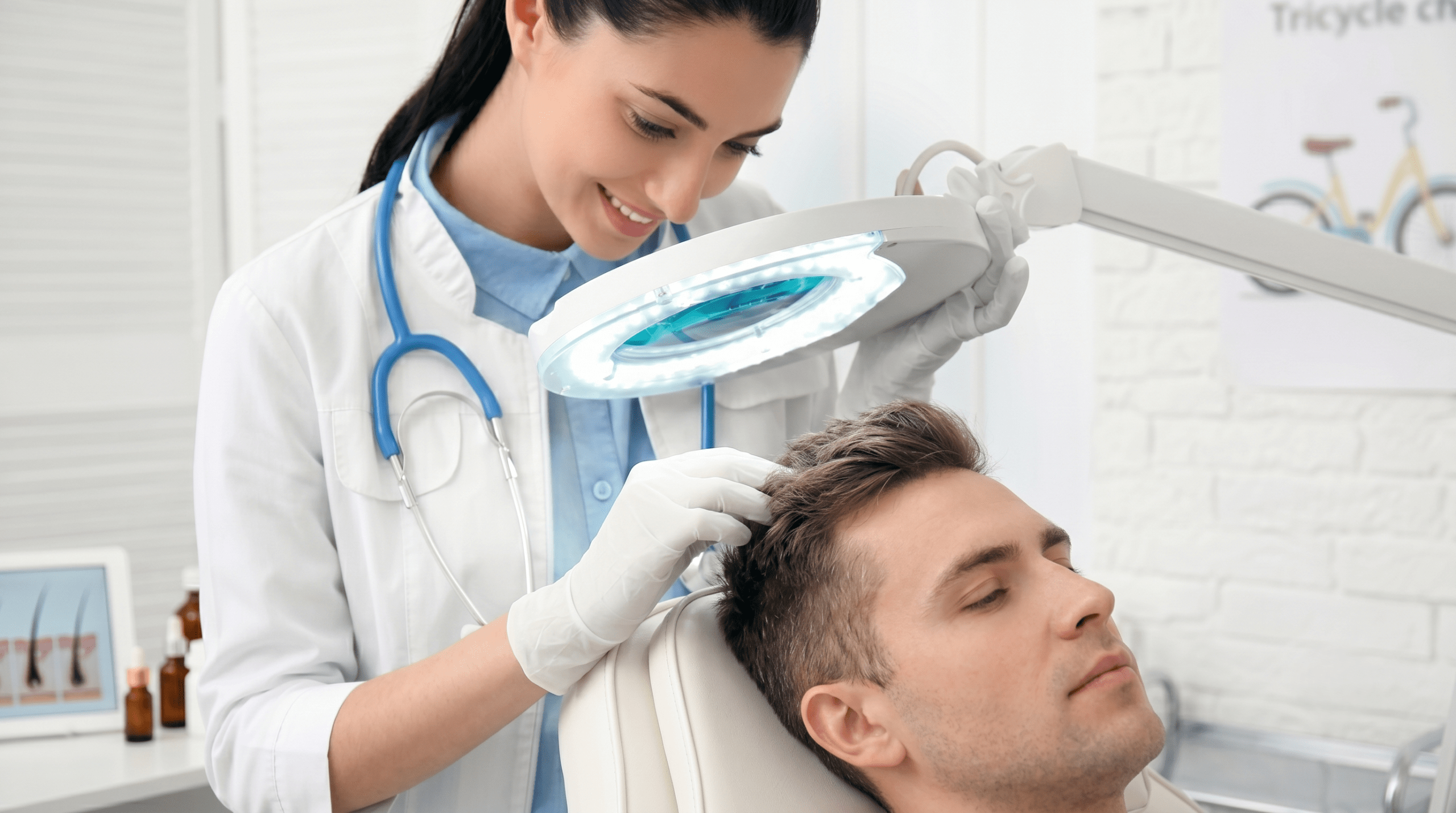 Médico especialista en tricología analizando el cuero cabelludo de un paciente durante una consulta inicial en una clínica moderna.