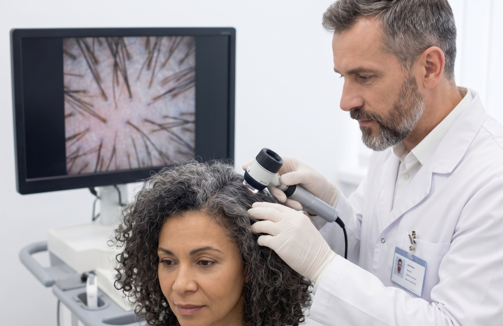 Especialista capilar utilizando un dispositivo de análisis dermatoscópico para examinar la densidad y calidad del cabello de un paciente antes de una cirugía.