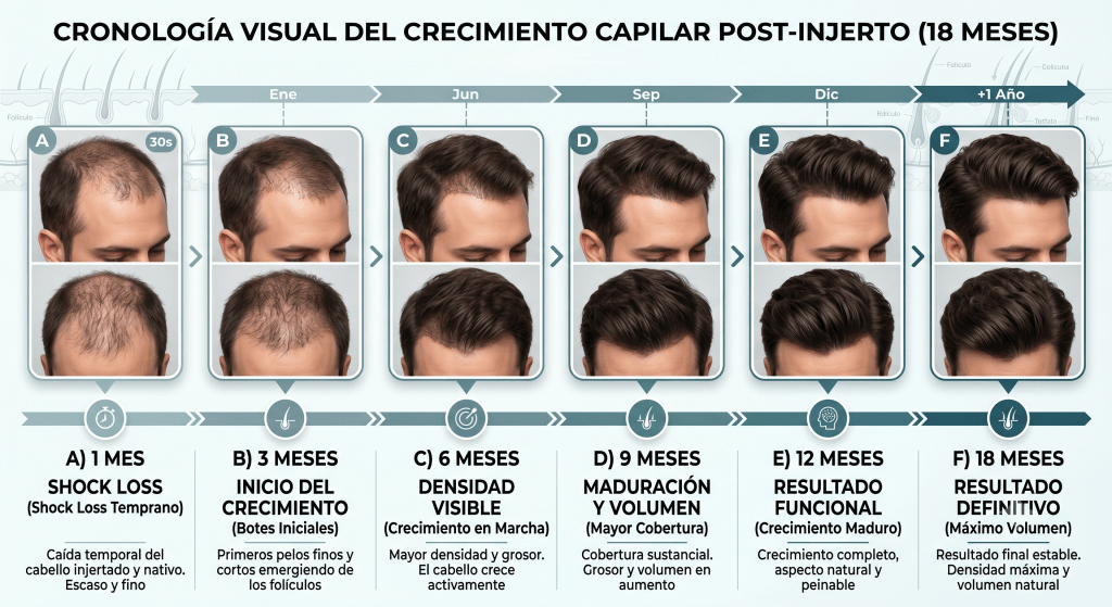 Cronología visual que explica las etapas del crecimiento capilar tras el injerto, desde el periodo de shock loss hasta el resultado definitivo a los 18 meses.