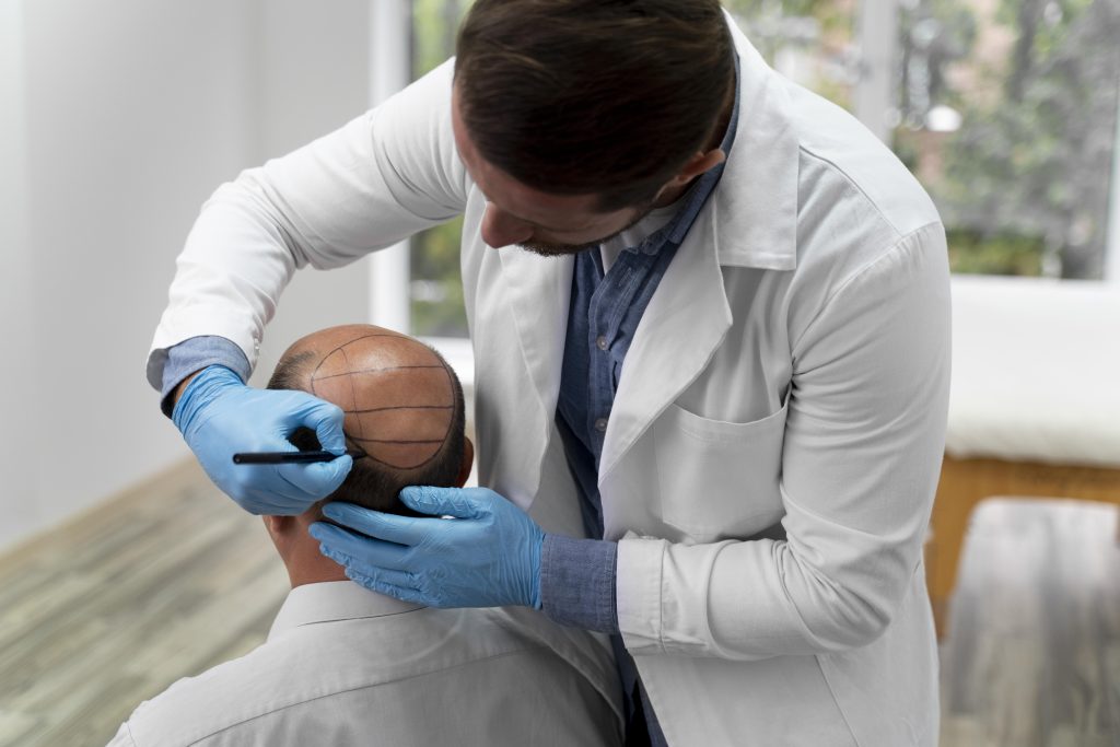 Especialista en medicina capilar realizando unas mediciones sobre cuero cabelludo.