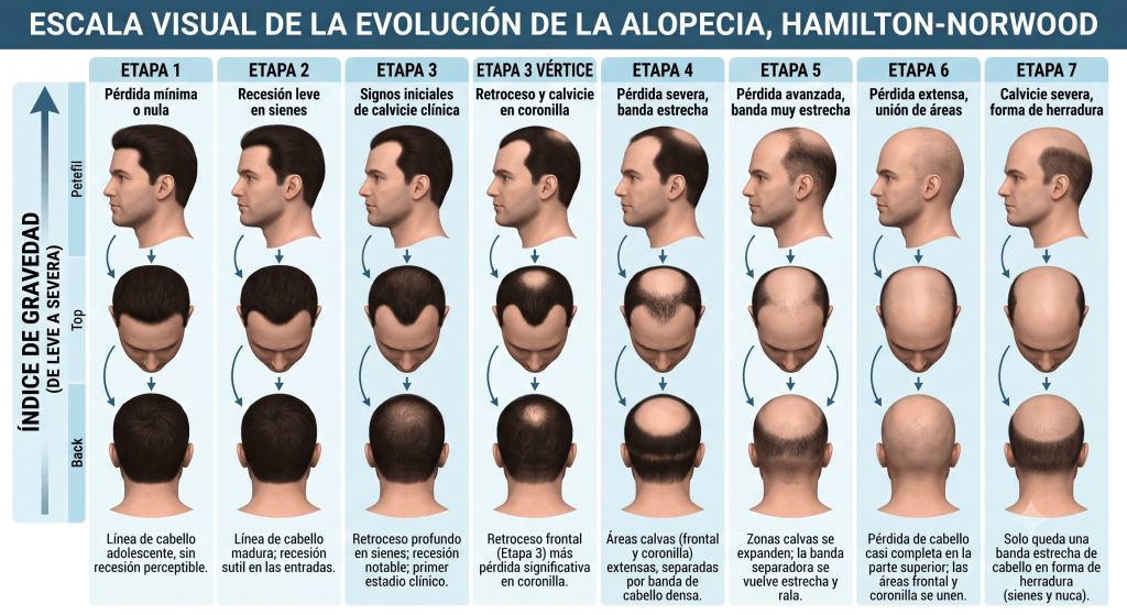 Infografía detallada que muestra los 7 niveles de la escala de Hamilton-Norwood para identificar el grado de pérdida de cabello en hombres.