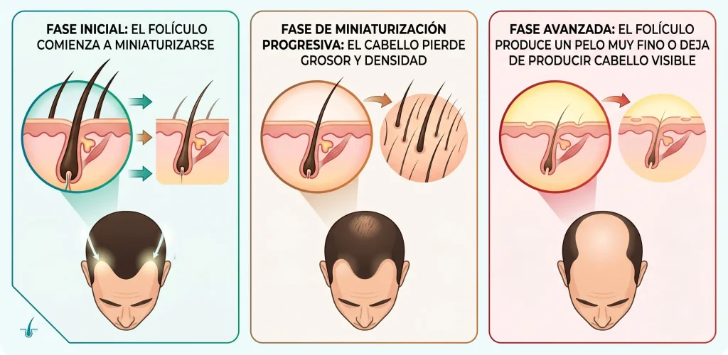 Las fases de la alopecia muestran el proceso interno, aunque se diferencian de los grados que mide extensión y tipo de caida segun hombre o mujer.